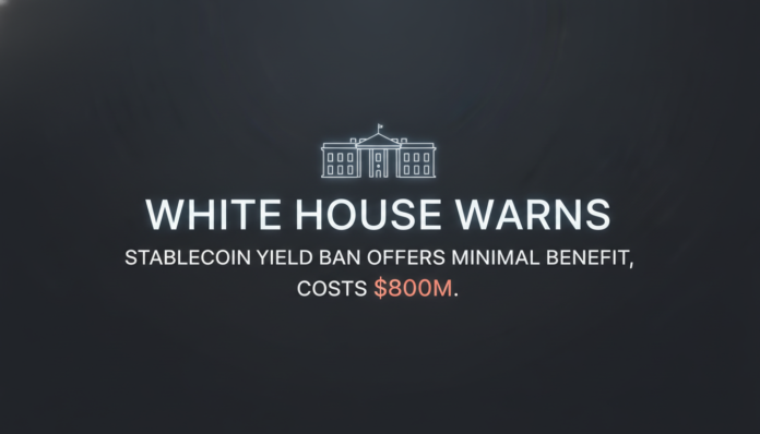 White House warns stablecoin yield ban offers minimal benefit, costs $800M.