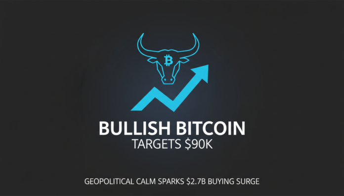 Bullish Bitcoin Targets $90K as Geopolitical Calm Sparks $2.7B Buying Surge