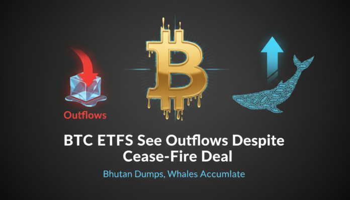 BTC ETFs See Outflows Despite Cease-Fire Deal; Bhutan Dumps, Whales Accumulate