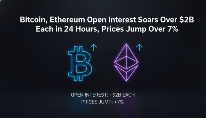 Bitcoin, Ethereum Open Interest Soars Over $2B Each in 24 Hours, Prices Jump Over 7%