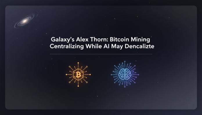Galaxy's Alex Thorn: Bitcoin Mining Centralizing While AI May Decentralize