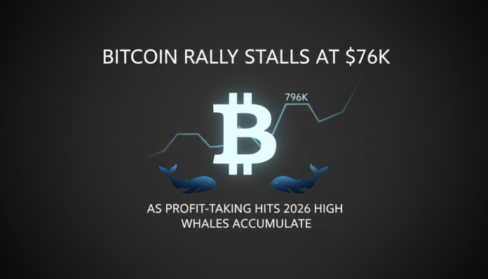 Bitcoin Rally Stalls at $76K as Profit-Taking Hits 2026 High; Whales Accumulate