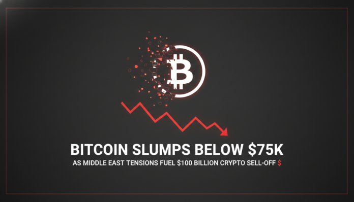 Bitcoin Slumps Below $75K as Middle East Tensions Fuel $100 Billion Crypto Sell-Off