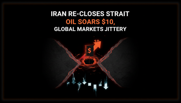 Iran Re-Closes Strait; Oil Soars $10, Global Markets Jittery