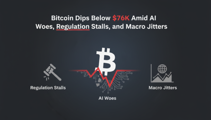 Bitcoin Dips Below $76K Amid AI Woes, Regulation Stalls, and Macro Jitters