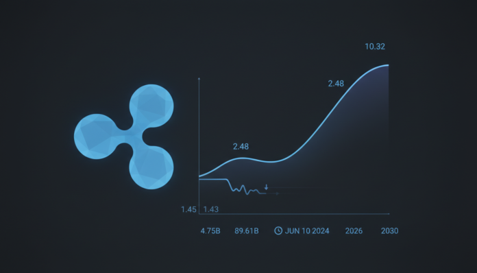 XRP price is trading around $1.45, 24-hour volume এ $ four.75 বিলিয়ন, market cap এ $89.61 বিলিয়ন. শর্ট-টার্ম প্রজেকশন sideways bearish consolidation ইঙ্গিত দিচ্ছে $1.43 পর্যন্ত জুন ১০, ২০২৪ পর্যন্ত. দীর্ঘমেয়াদী আউটলুক $২.৪৮ লক্ষ্য করছে ২০২৬ সালের শেষের দিকে এবং $১০.৩২ ২০৩০ সালের মধ্যে.