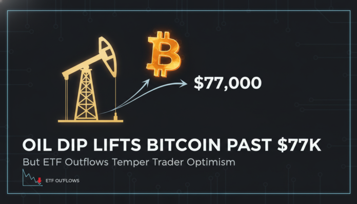 Oil Dip Lifts Bitcoin Past $77K, But ETF Outflows Temper Trader Optimism