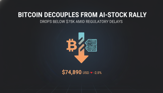 Bitcoin Decouples from AI-Stock Rally, Drops Below $75K Amid Regulatory Delays