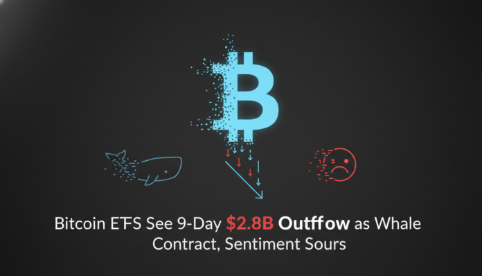 Bitcoin ETFs See 9-Day $2.8B Outflow as Whale Balances Contract, Sentiment Sours