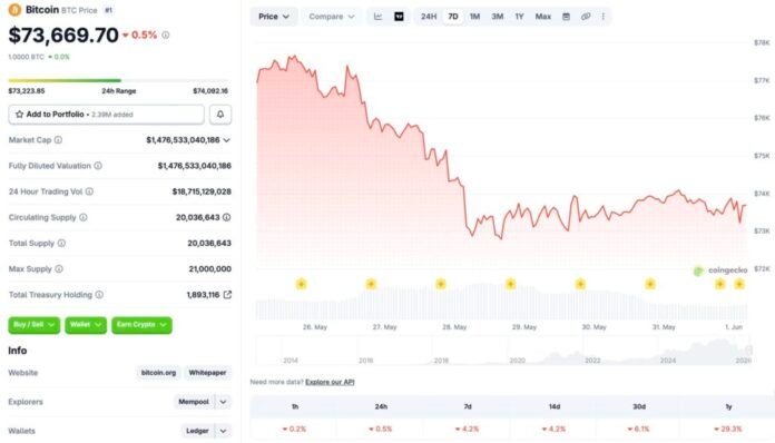 Bitcoin Slumps to $73,000, Bearish Trajectory Continues Into June