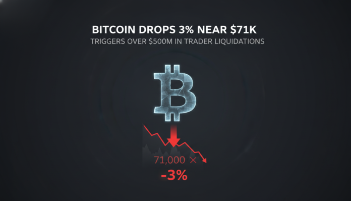 Bitcoin Drops 3% Near $71K, Triggers Over $500M in Trader Liquidations