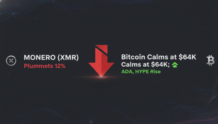 Monero (XMR) Plummets 12% as Bitcoin Calms at $64K; ADA, HYPE Rise