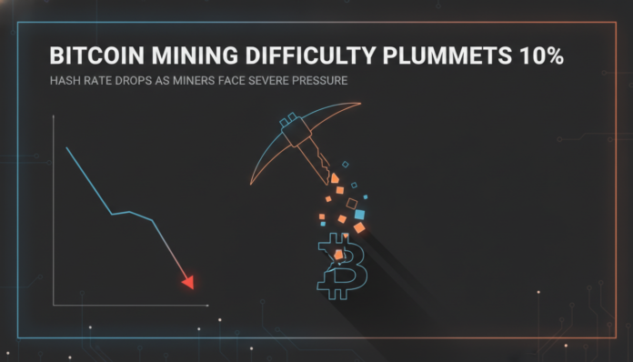 Bitcoin Mining Difficulty Plummets 10%, Hash Rate Drops as Miners Face Severe Pressure
