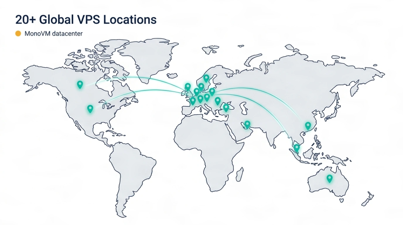 MonoVM VPS datacenter locations mapped across North America, Europe, Asia, the Middle East, and Australia