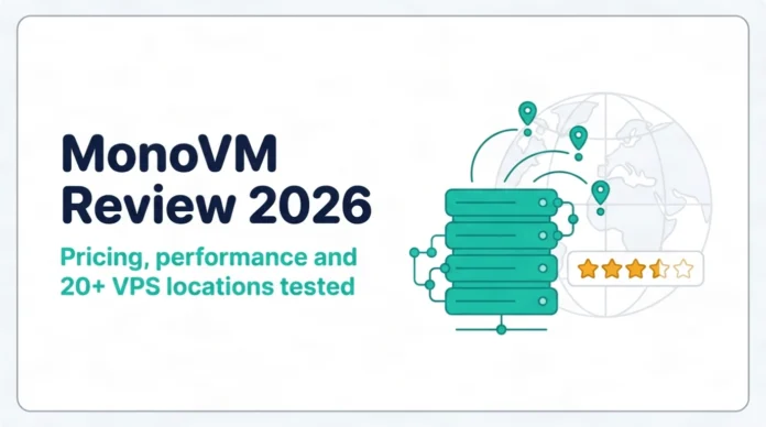 MonoVM review 2026 featured image showing VPS hosting pricing, performance, and global datacenter locations